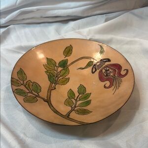 Vintage Signed Floral Hand Painted Decorative Brass Bowl